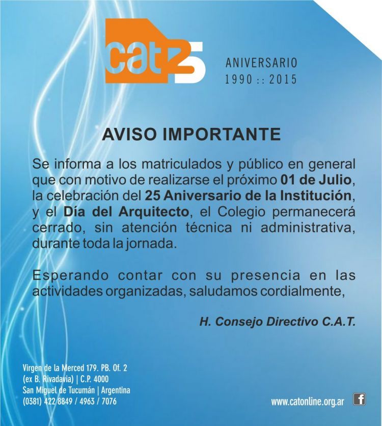 Miércoles 01 de Julio el C.A.T. permanecerá cerrado import